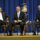 President Barack Obama listens while Charlie Beck, chief of the Los Angeles Police Department, and John Walsh, U.S. attorney for the District of Colorado, laugh at Beck’s joke about always knowing why he has been pulled over by police, during an event about criminal-justice reform on the White House campus Oct. 22, 2015, in Washington, D.C.
BRENDAN SMIALOWSKI/AFP/Getty Images